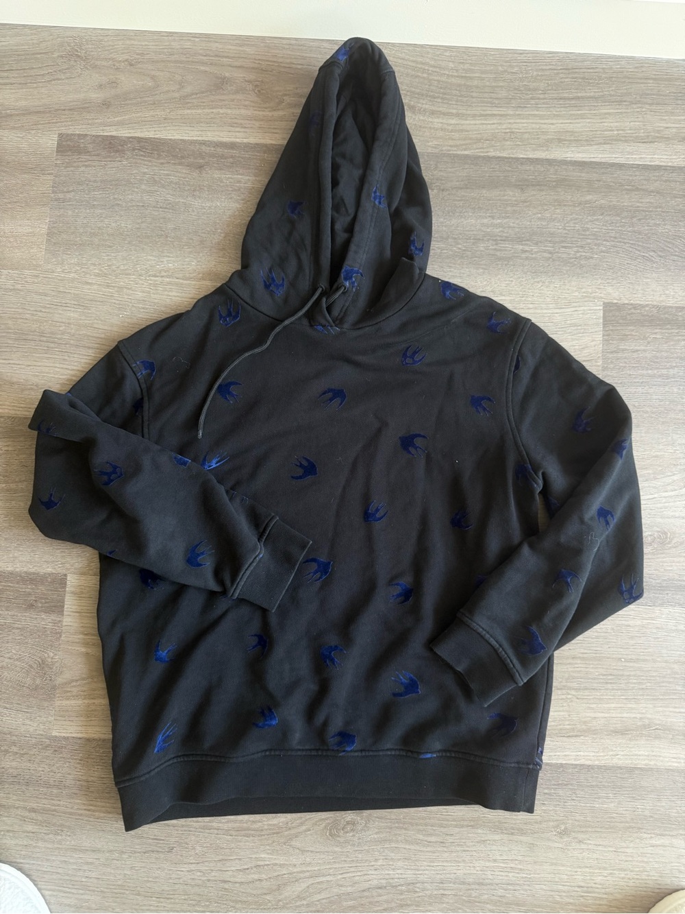 Men's Black MCQ Alexander McQueen Hoodie with Blue velvety Swallow Motif